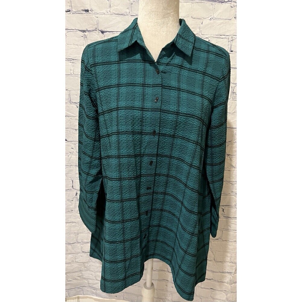 HABITAT CLOTHES TO LIVE IN EMERALD PLAID LAGENLOOK BUTTON DOWN SHIRT SMALL